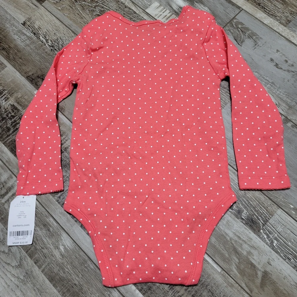 New Carter's Baby Coral Pink Polka Dot Long Sleeve Onesie Size 24M